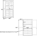 roomfitters 75" Kitchen Pantry, Freestanding Storage Cabinet Display Cabinet with Glass Doors and 4 Drawers, White