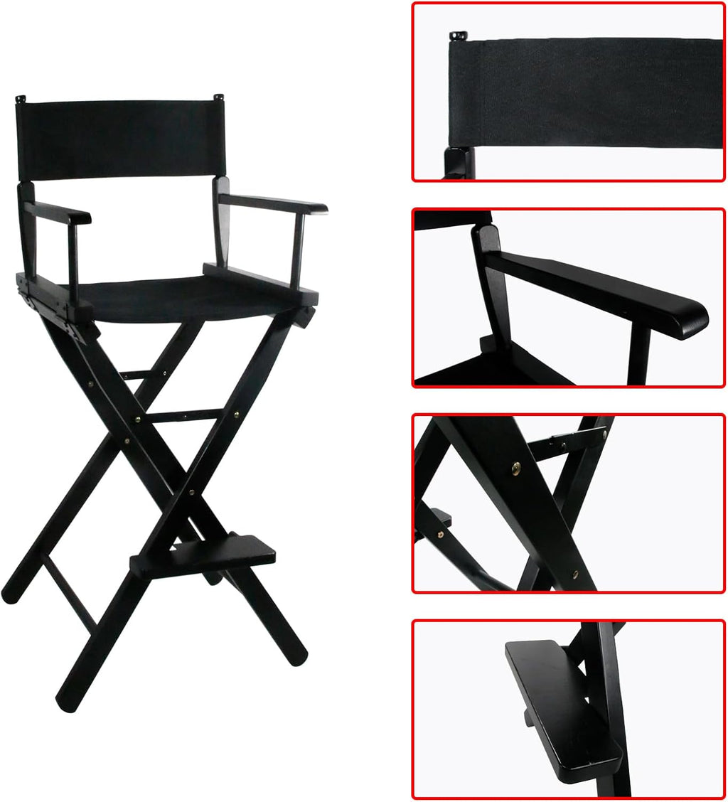 30 Inch Directors Chairs Foldable, Folding Makeup Artist Chair with Portable Footrest - Solid Hardwood Frame, 250lb Capacity, Black - for Professional Salon, Home Studio & Photography