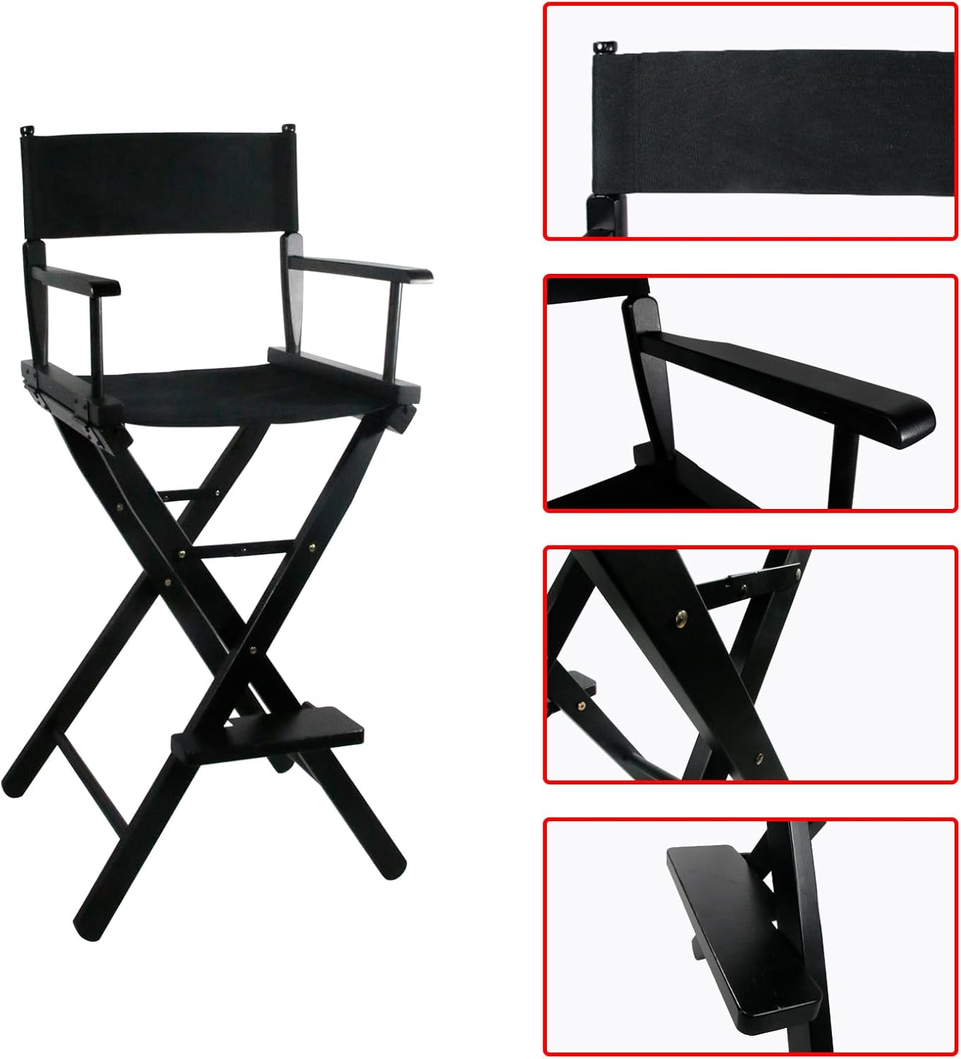 30 Inch Directors Chairs Foldable, Folding Makeup Artist Chair with Portable Footrest - Solid Hardwood Frame, 250lb Capacity, Black - for Professional Salon, Home Studio & Photography