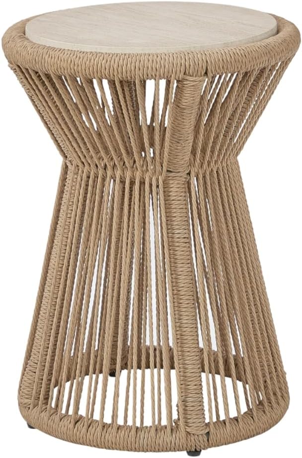 Penau Beige Rope Accent Side Table, Handwrapped Cylindrical Rope Design, Coastal Boho Accent Table for Living Room Bedroom Patio, 15.25 x 15.25 x 22.5 Inchs