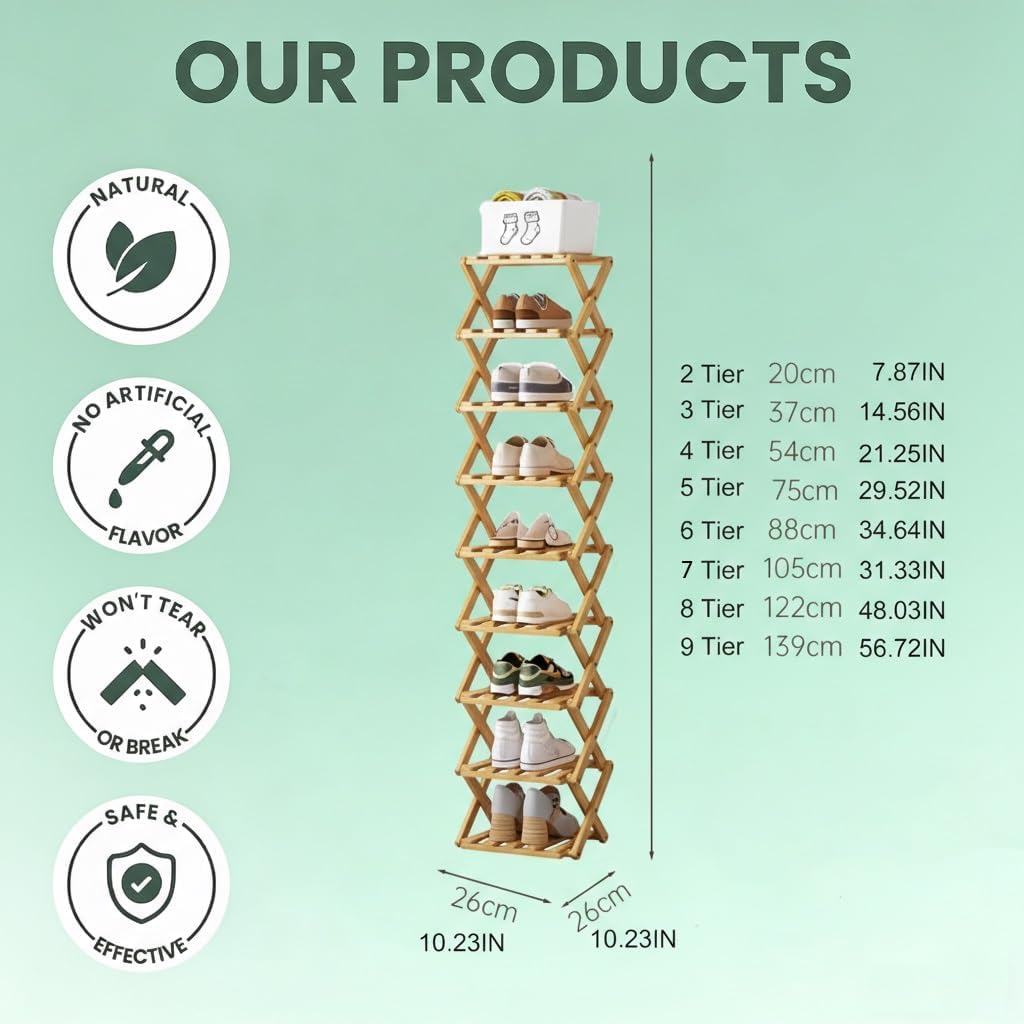 9-Tier No-Assembly Bamboo Shoe Rack, Space Stackable Multi-Storage Organizer, Strong Load-Bearing Capacity, Space-Saving, for Entryway Hallway Closet Bedroom Living Balcony, Natural eco-Friendly‌