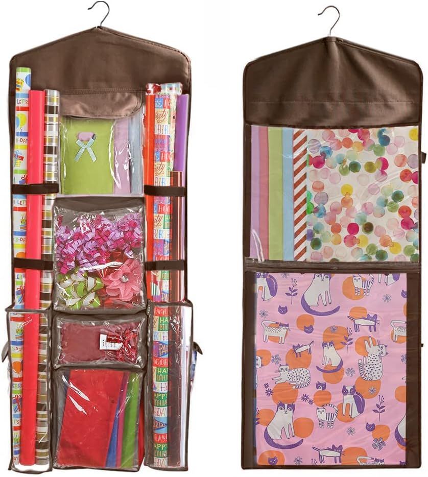 Hanging Gift Wrapping Paper Storage Organizer Bag, Double Sided Multiple Front & Back Pockets Organize Your Gift Wrap, Gift Bags Bows Ribbons 40"X17" Fits Long 40 Inch Rolls Clear PVC Bag (Brown)