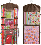 Hanging Gift Wrapping Paper Storage Organizer Bag, Double Sided Multiple Front & Back Pockets Organize Your Gift Wrap, Gift Bags Bows Ribbons 40"X17" Fits Long 40 Inch Rolls Clear PVC Bag (Brown)