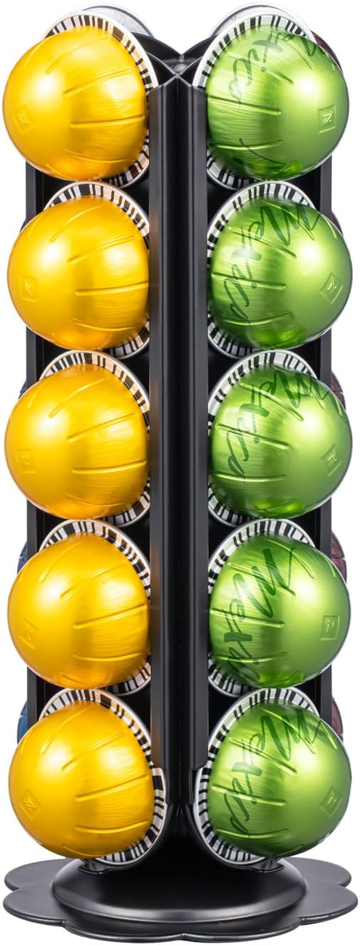 FlagShip Coffee Pod Holder for Nespresso Vertuo Pods Organizer,360 Degrees Revolving Pod Carousel No Assembly Required,Vertuo Pod Stand Black Metal(20 Pods Capacity)