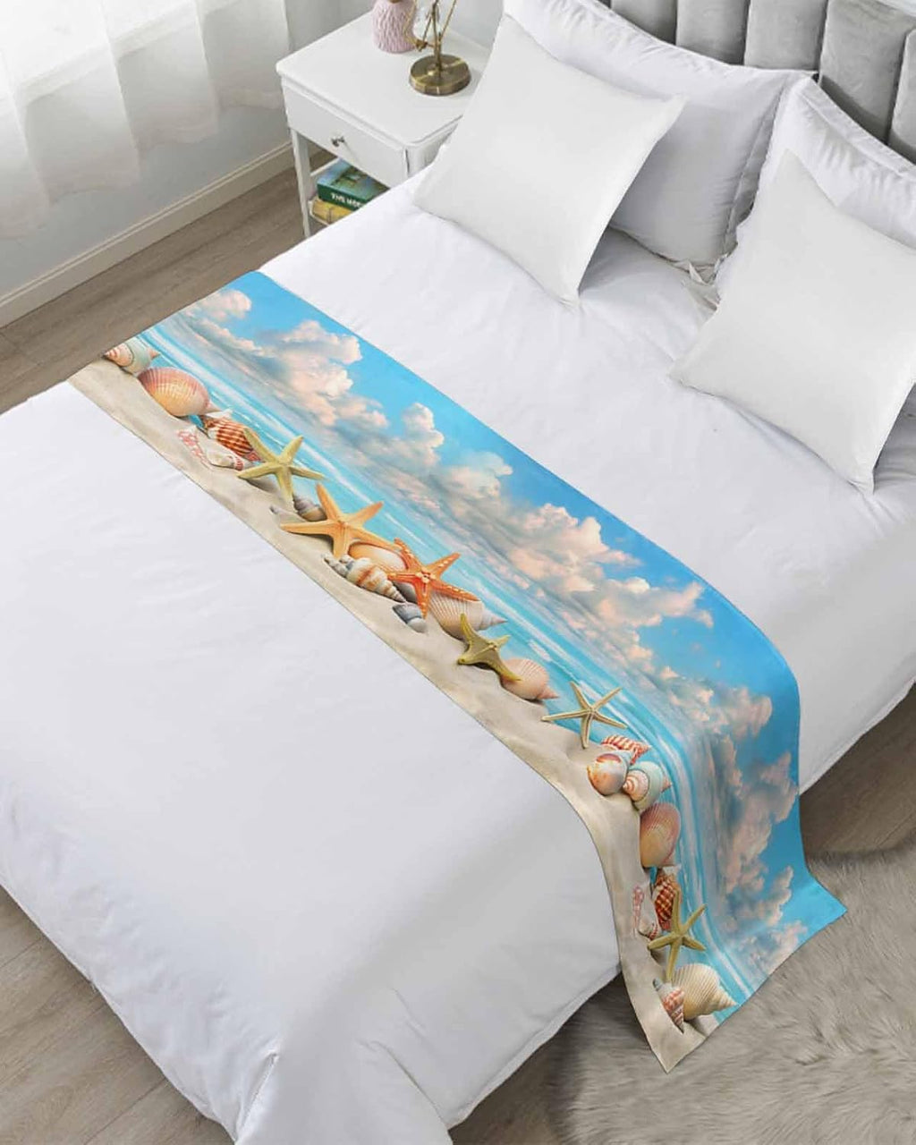 Summer Beach Bed Runner Scarf Twin Size,Coastal Starfish Seashell Conch Brown Sand Luxury Bed Throw Runners & Scarves for Twin Full Queen King Foot of Bed,Bedroom Hotel Wedding Room Decoration,71"x20"