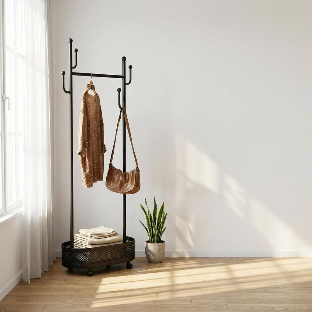 Cactus Coat Rack, Metal Garment Rack with Wheels, Double Sided, Modern Style, Powder Coated, for Entryway and Bedroom, 24x14x66.93 Inches (Black)