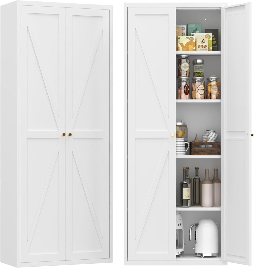 Kitchen Pantry Cabinet: Rustic White Steel Storage with Adjustable Shelves - Double Door Design for Small Apartments Kitchen Organization & Home Storage Solutions