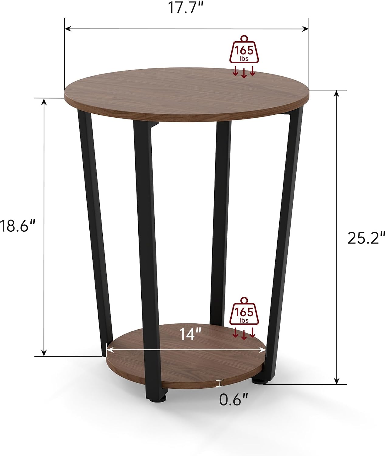 KROFEM Round 2-Tier Accent Side Table, Industrial Metal Frame End Table with Storage Shelf, Multifunctional Nightstand for Living Room, Bedroom and Small Spaces, Walnut