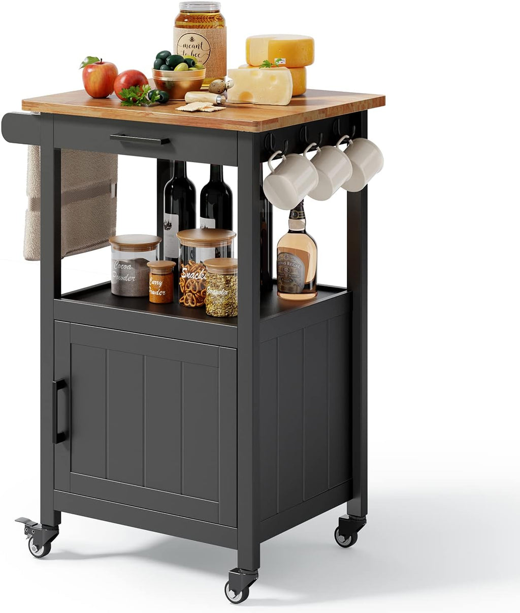 Qsun Microwave Cart, Microwave Stand | Kitchen Island on Wheels, Rolling Kitchen Cart with Rubber Wood Countertop, Side Hook, Microwave Cart for Small Space