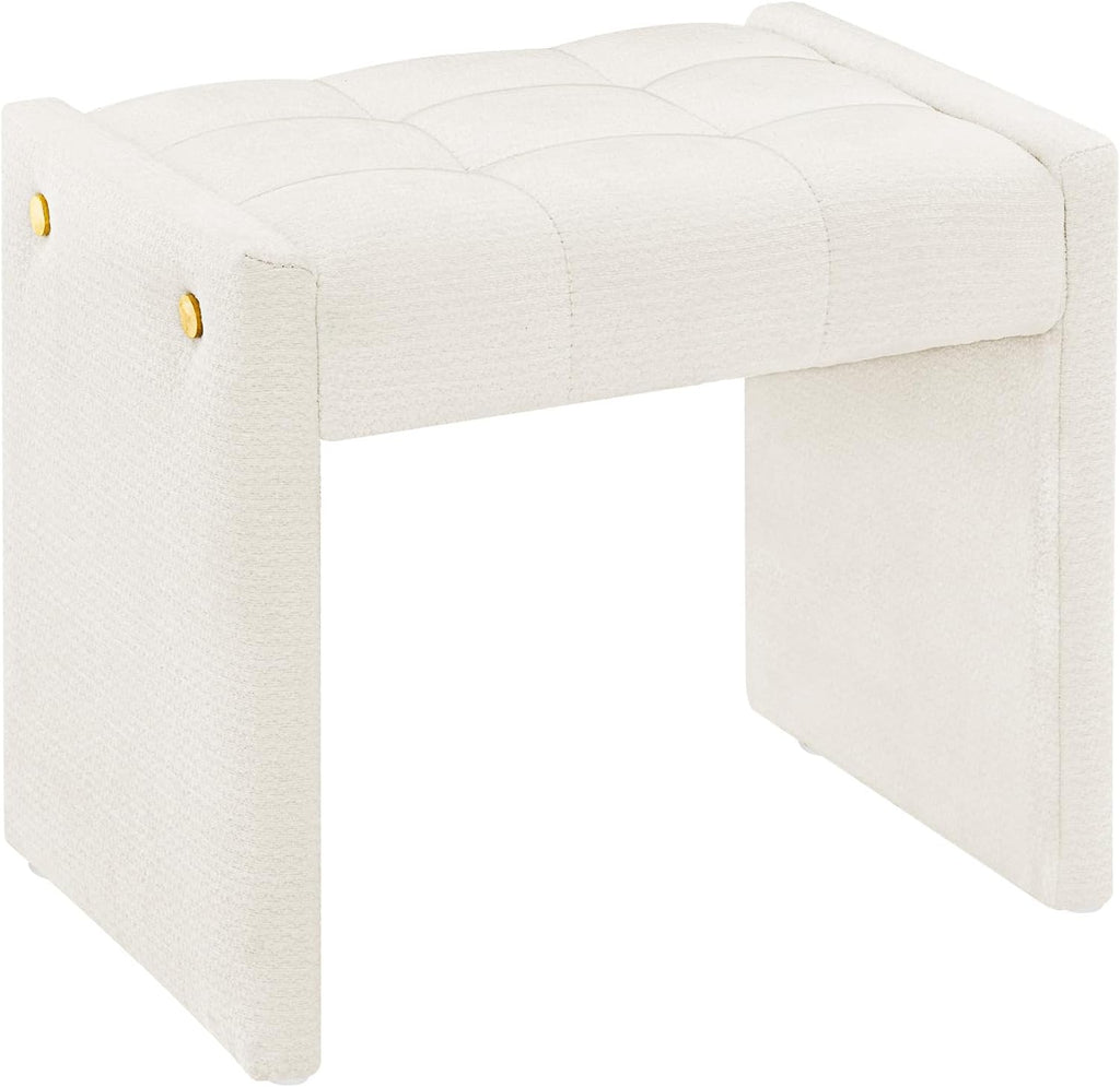 LUE BONA Modern Grid Tufted Vanity Bench Stool, 4.33'' Thick Chenille Upholstered Ottoman Footstool for Makeup Room, Bedroom & Living Room, 200lbs Capacity, White