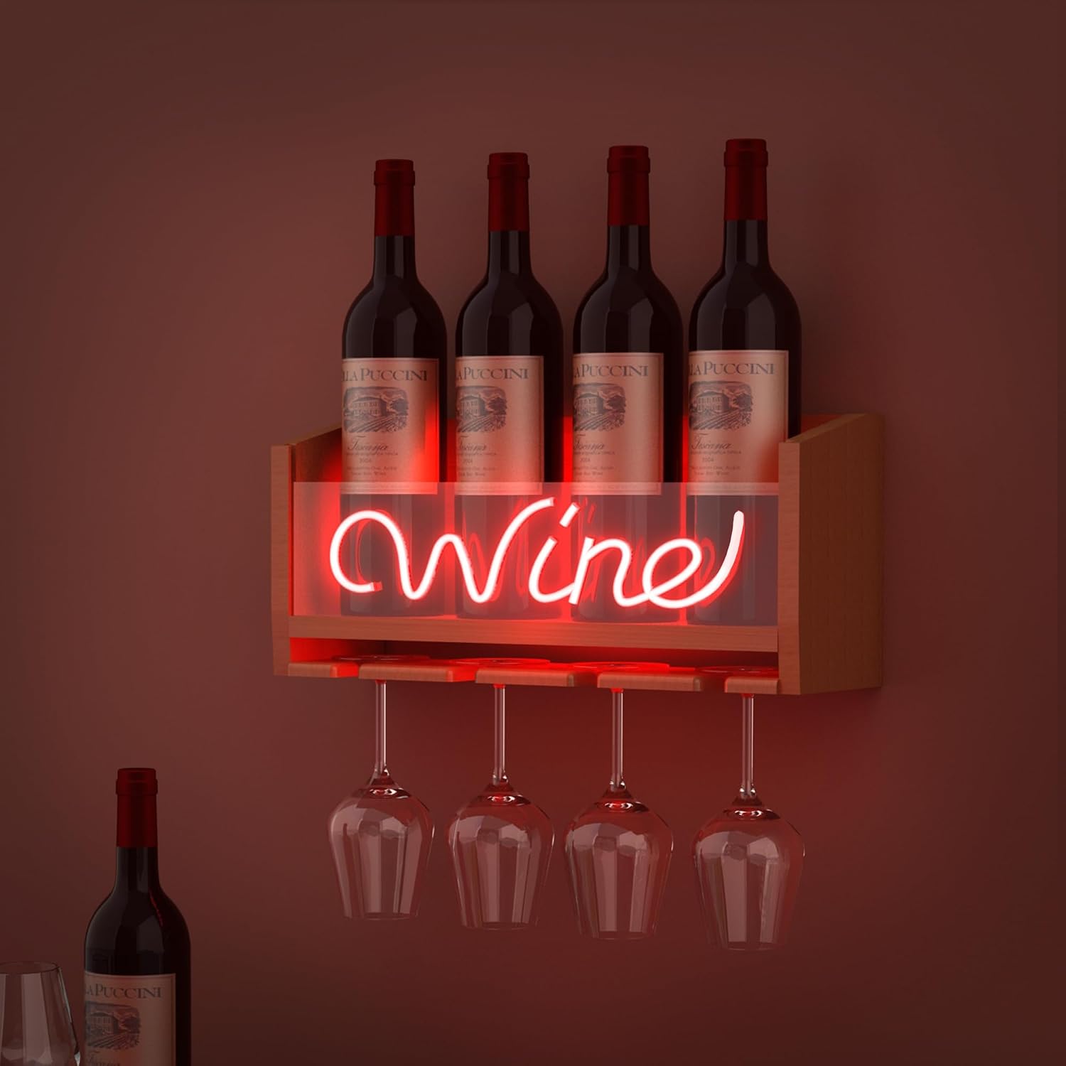 CoolGift Mart Light Up Wine Rack with Glass Holder Wall Mount, Wooden Wine Bottle Holder with Wine Neon Sign, Wall Decor, Gift for Wine Lovers Collectors