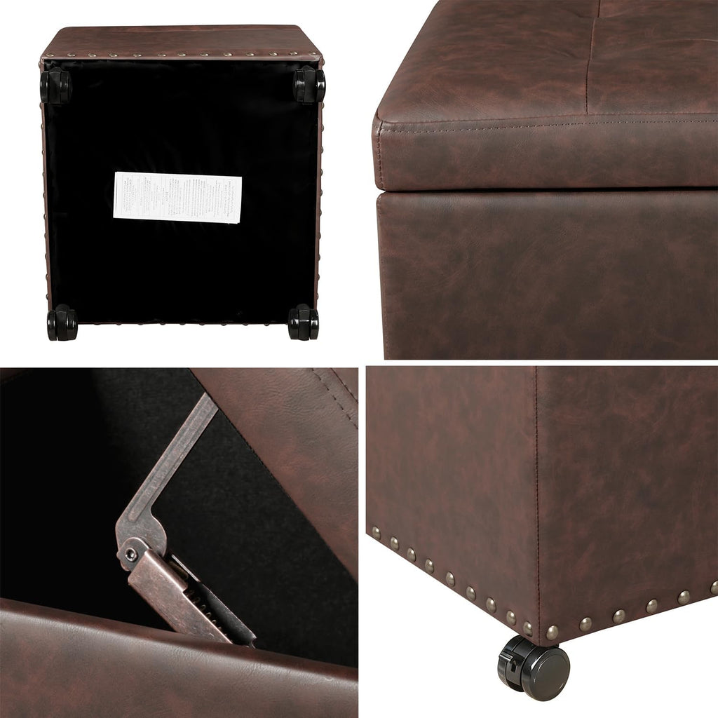 Leather Ottoman with Storage,Square Ottomans Foot Rest with Hinged Lid & Solid Wood Legs Upholstered Cube Footstool Hidden Storage for Living Room, Bedroom(Brown)