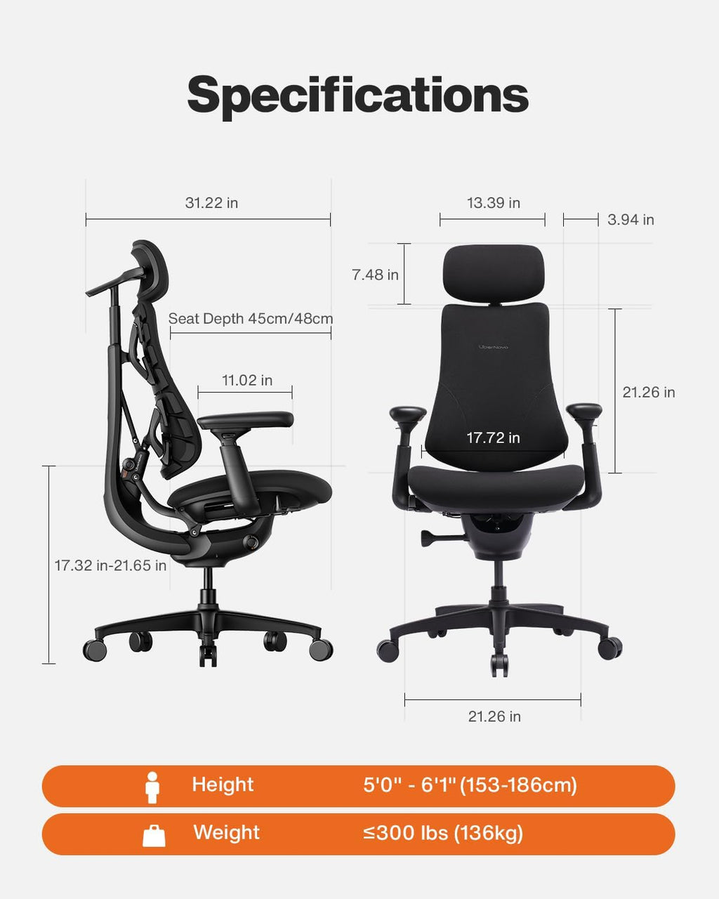 LiberNovo SE Dynamic Ergonomic Office Chair, Comfy Desk Chair with Manual Lumbar Adjustment, 105°-160° Five Lockable Recline Positions for Back Comfort, Home Office Long Hours Use, Obsidian, 48cm