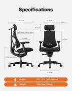 LiberNovo SE Dynamic Ergonomic Office Chair, Comfy Desk Chair with Manual Lumbar Adjustment, 105°-160° Five Lockable Recline Positions for Back Comfort, Home Office Long Hours Use, Obsidian, 48cm
