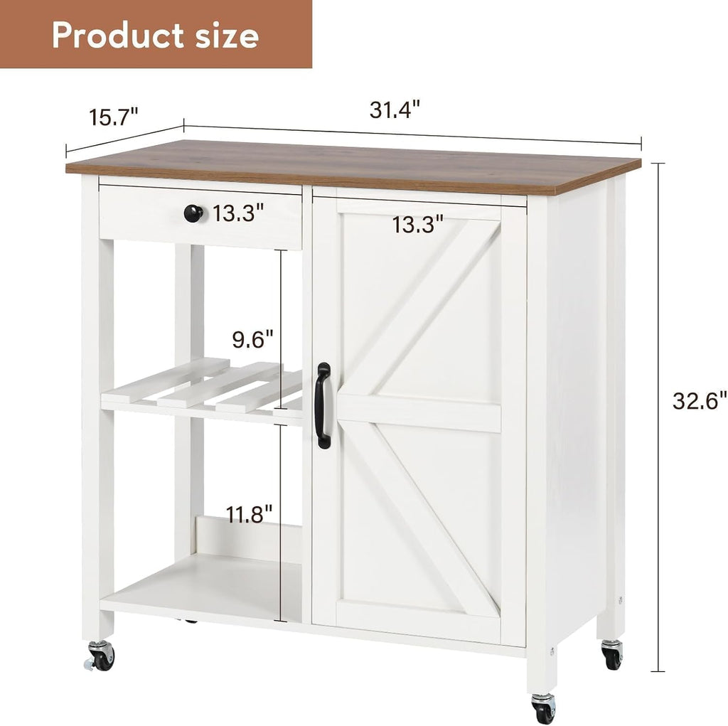 4 EVER WINNER Rolling Kitchen Island with Storage, Farmhouse Kitchen Cart with Drawer and Door, Wine Rack and Adjustable Shelf, Microwave Cart for Kitchen, Dining Room, White