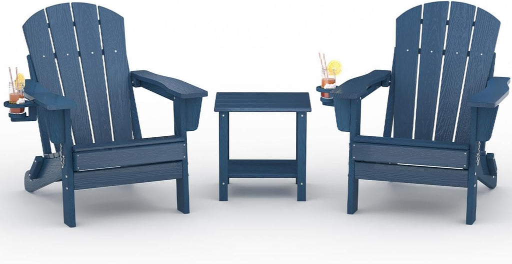 Garvee Folding Adirondack Chair Set of 2 with Side Table, HDPE Outdoor Patio Chair with Cup Holder, All Weather Resistent Wooden Textured for patios, Decks, Gardens, fire Pit, Navy Blue