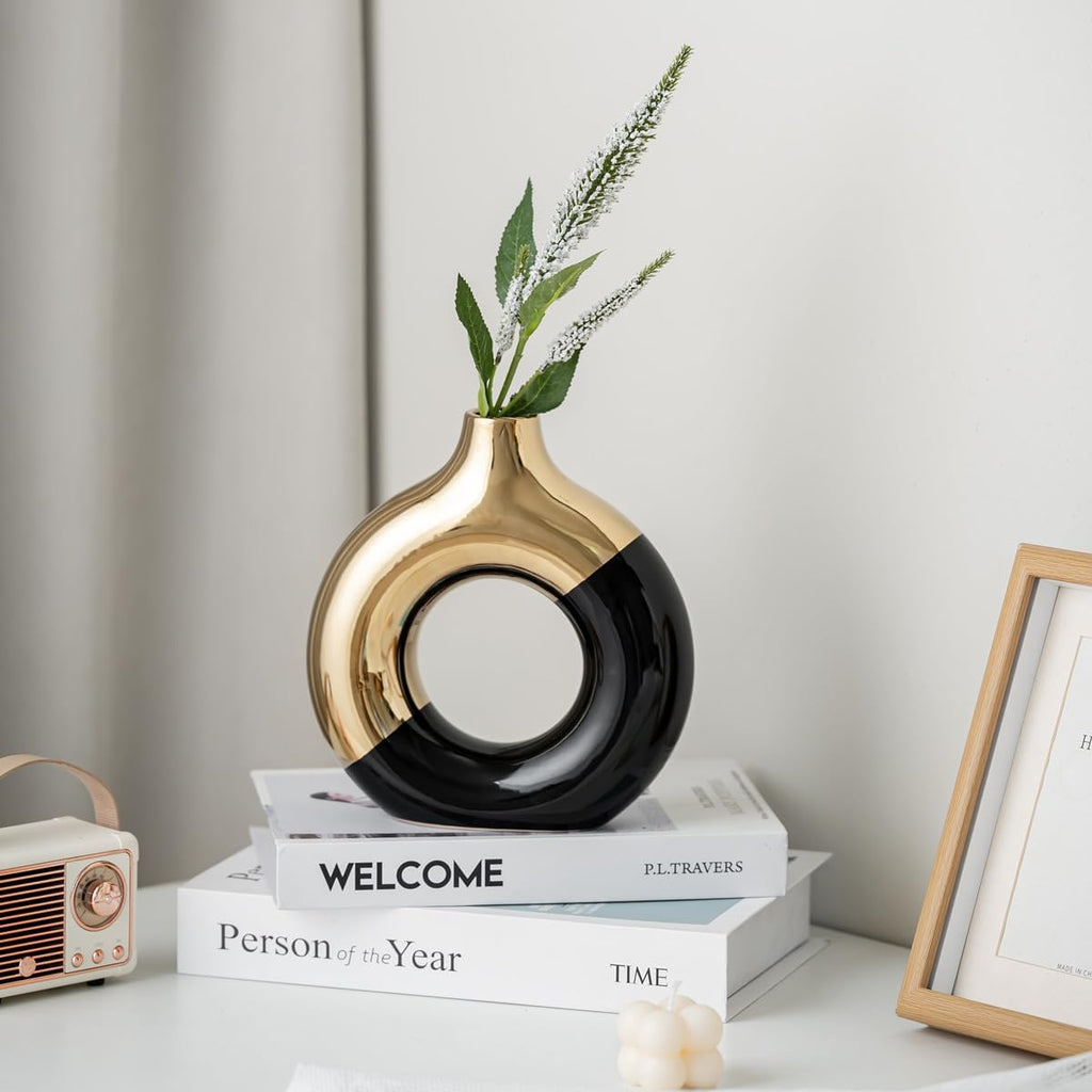 White and Gold Donut Vase, Modern Ceramic Vase for Pampas Grass, Perfect Centerpiece for Weddings, Living Room, and Office Decor (Black Gold, S)