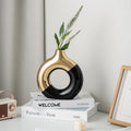White and Gold Donut Vase, Modern Ceramic Vase for Pampas Grass, Perfect Centerpiece for Weddings, Living Room, and Office Decor (Black Gold, S)