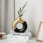 White and Gold Donut Vase, Modern Ceramic Vase for Pampas Grass, Perfect Centerpiece for Weddings, Living Room, and Office Decor (Black Gold, S)