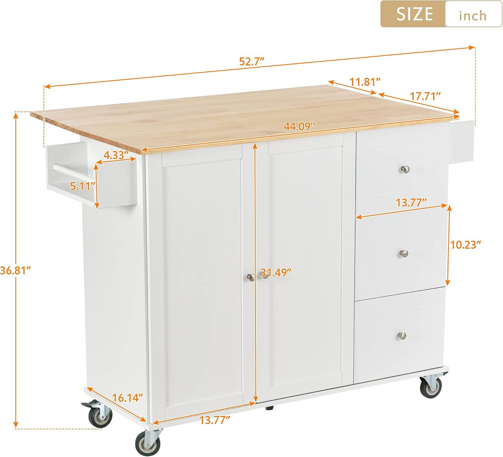 COMHOMA Mobile Kitchen Island with Solid Wood Top and Locking Wheels,Storage Cabinet and Drop Leaf Breakfast Bar,Spice Rack, Towel Rack & Drawer