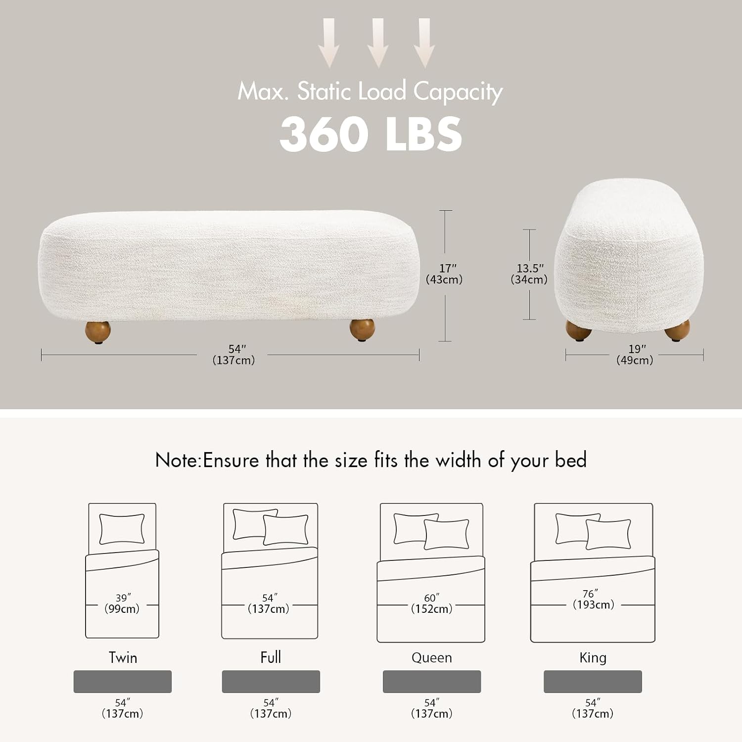 Hyfirm 54" End of Bed Bench, Upholstered Bedroom Ottoman Bench with Solid Wood Round Legs, Modern Oval Bench for Queen & King Beds, Entryway, Living Room, Hallway, Beige Linen Seat