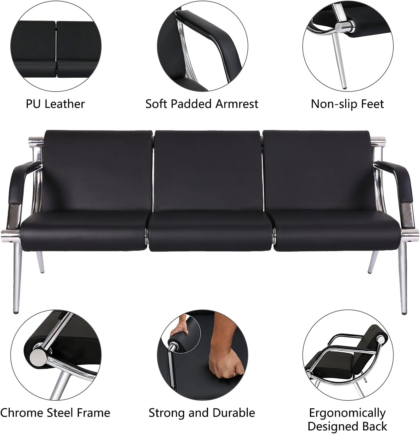 Kinfant Waiting Room Chair- Office Reception Furniture with Armrest and PU Leather Cushion, Office Guest Chair for Waiting Room Airport Hospital Bank Lobby, Black (Black, 3-seat)