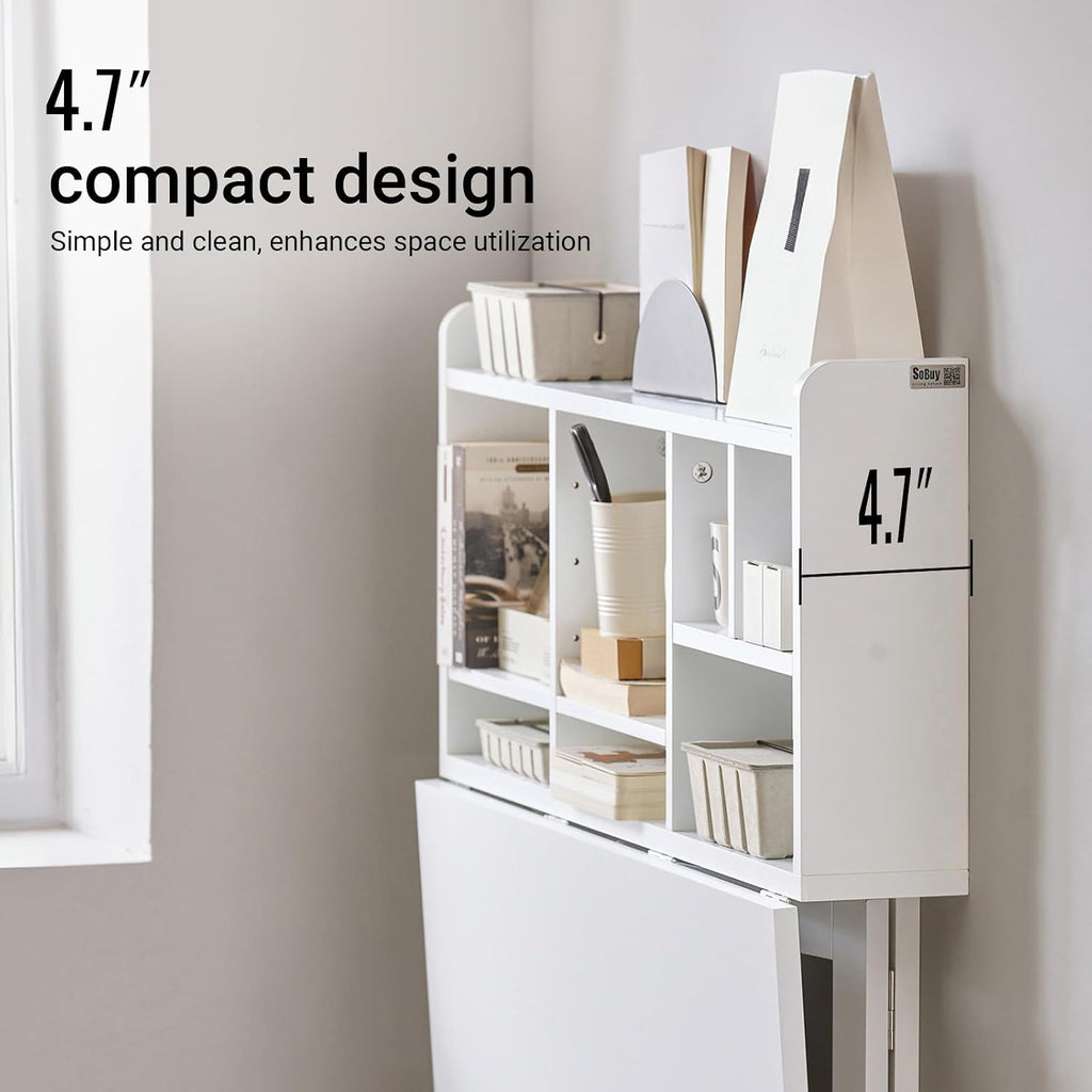 SoBuy Wall Mounted Folding Table | Floating Desk for Small Spaces, Fold Down Workstation Table with Adjustable Shelf for Home, Office, Bedroom, White