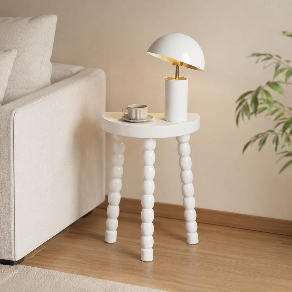 LitaEther 19.5" Wooden Bobbin Leg Side Table - Half Round Table - Wooden Accent Stool- Half Moon Tripod Table for Bedroom, Hallway, Living Room, Sofa Side (White,1pcs)