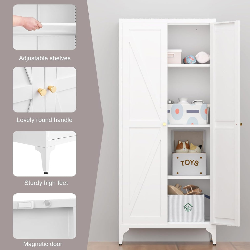 Metal Adjustable 2-Door Pantry Cabinet with 180LB Capacity Shelves – Durable Storage Organizer for Kitchen, Living Room, Dining Room and Office (White)
