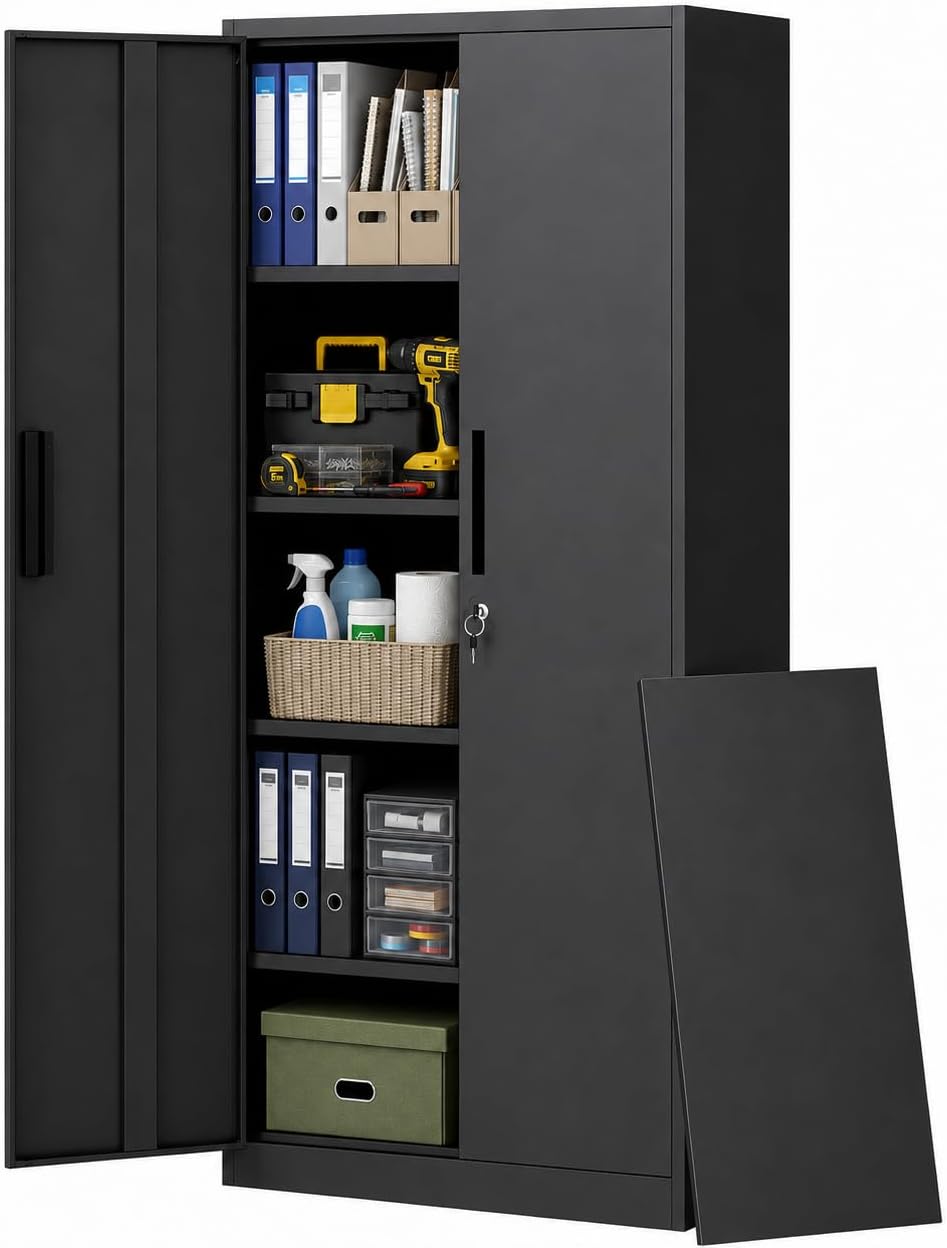 Metal Storage Cabinet with 2 Doors and 4 Shelves, 72" H Metal Cabinet with Lock, Steel Locking File Cabinet, Lockable Storage Cabinet, Tool Cabinet for Home, Office,Garage, School, Black