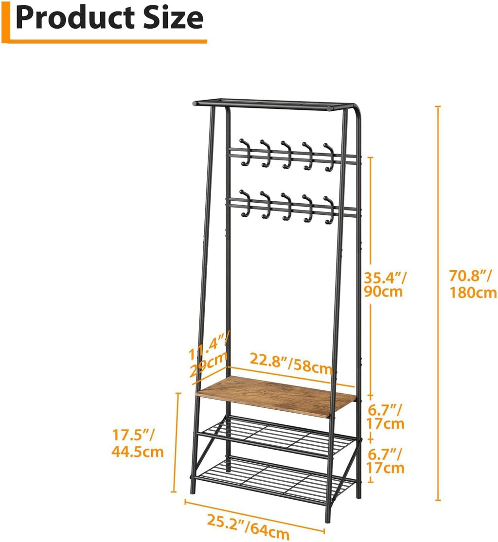 Jojoka Coat Rack Hall Tree with Shoe Storage Bench, 4-in-1 Entryway Organizer with 10 Hooks & 3-Tier Shoe Rack, Sturdy Metal Frame Freestanding Storage Unit for Hallway (Brown-Double Row, 25.2in)