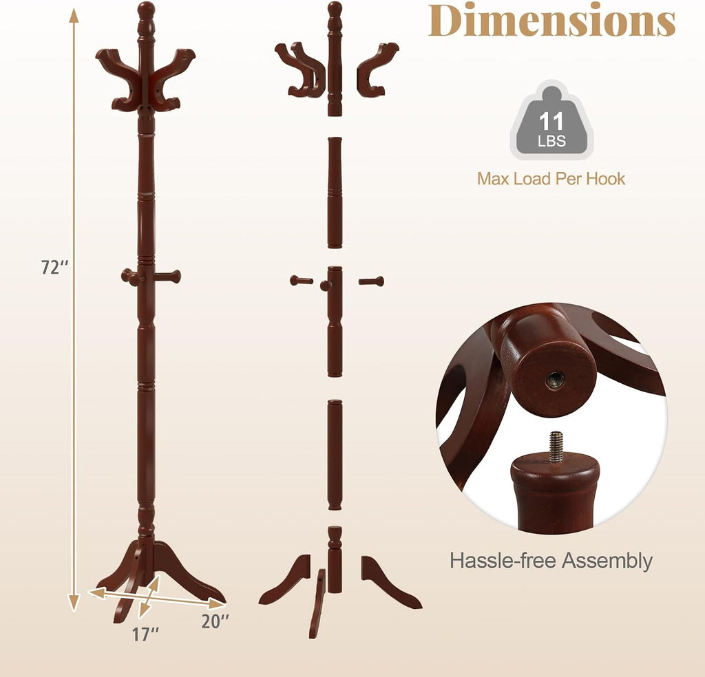 Tangkula Coat Rack Freestanding, Solid Rubber Wood Coat Tree with 11 Hooks and 3 Height Options for Coats, Hats, Bags, Purses, Clothes, Hanger Stand for Entryway Hallway Bedroom Office (Reddish Brown)