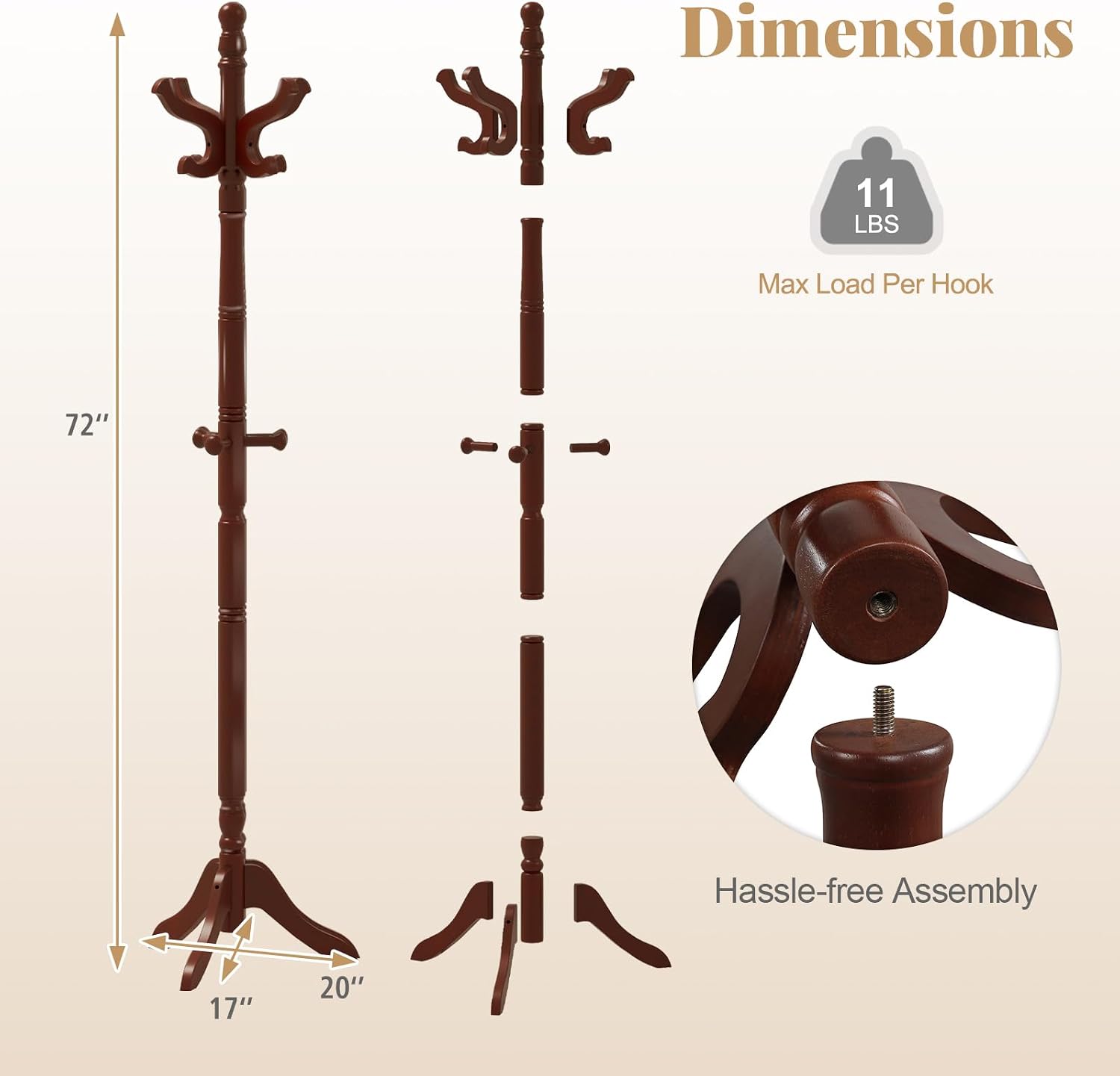 Tangkula Coat Rack Freestanding, Solid Rubber Wood Coat Tree with 11 Hooks and 3 Height Options for Coats, Hats, Bags, Purses, Clothes, Hanger Stand for Entryway Hallway Bedroom Office (Reddish Brown)