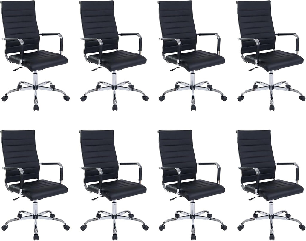 Office Desk Chair with Wheels Set of 8, Ergonomic Black Leather Conference Room Chairs Height Adustable | Ribbed High Back | Swivel Rolling Task Chair, Black