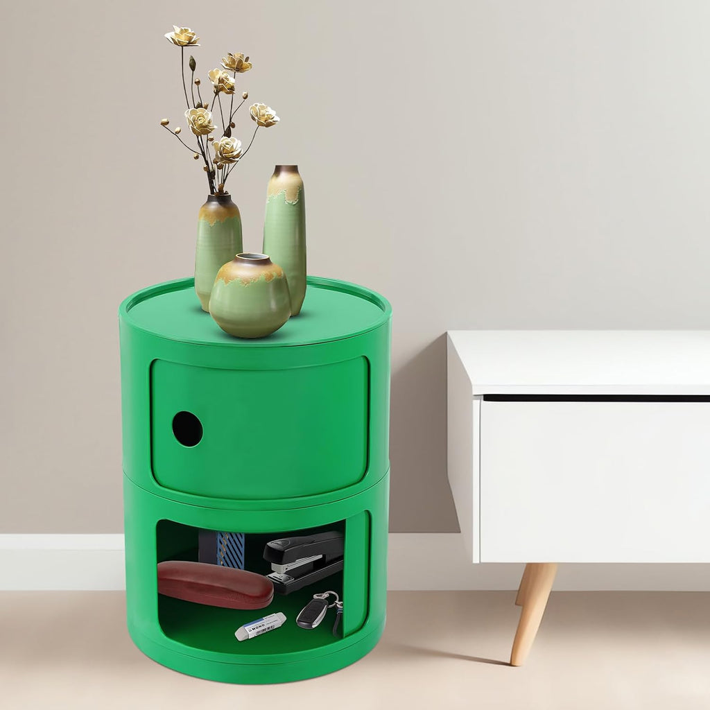 2 Tier Circular Nightstand, Circular Side Table with Storage, Round Cabinet End Table, Sliding Door Design, 88Lbs Load Capacity, Bedroom Living Room Organizer, Modern Green ABS Material, 12.5x15.7 in