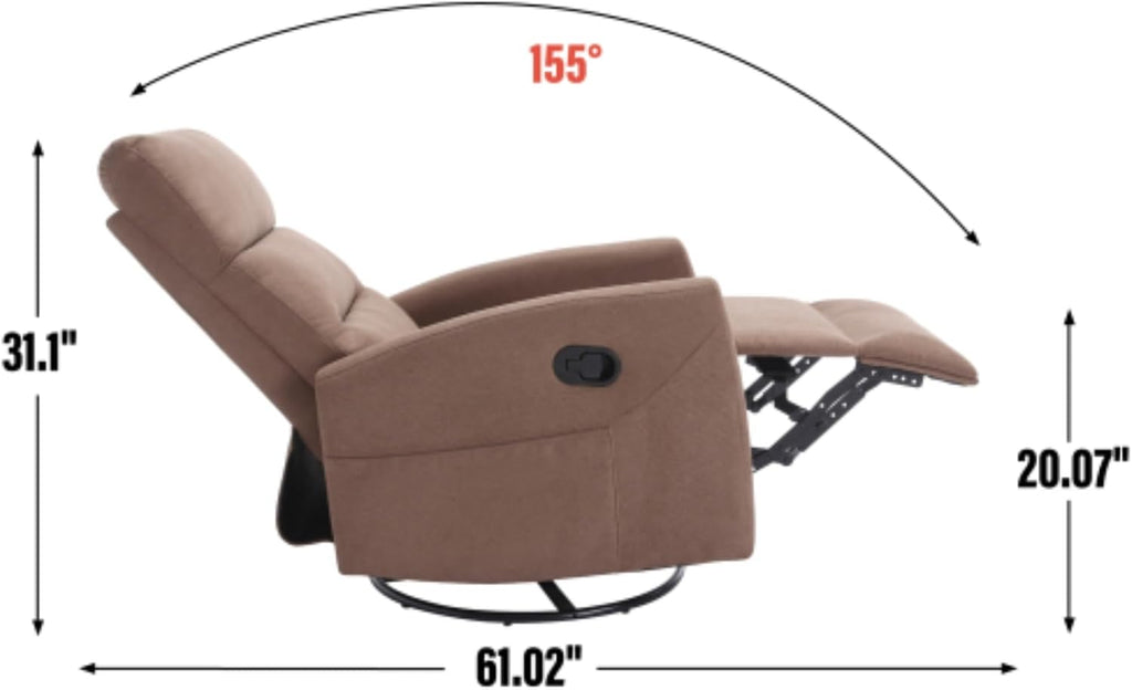 Manual Swivel Rocking Recliner Chair, Fabric Upholstered Glider Seat with 155 Degree Backrest Adjustment, Side Pull Handle, Foam Cushioned Support, Pocket Storage, Living Room Nursery (Brown)