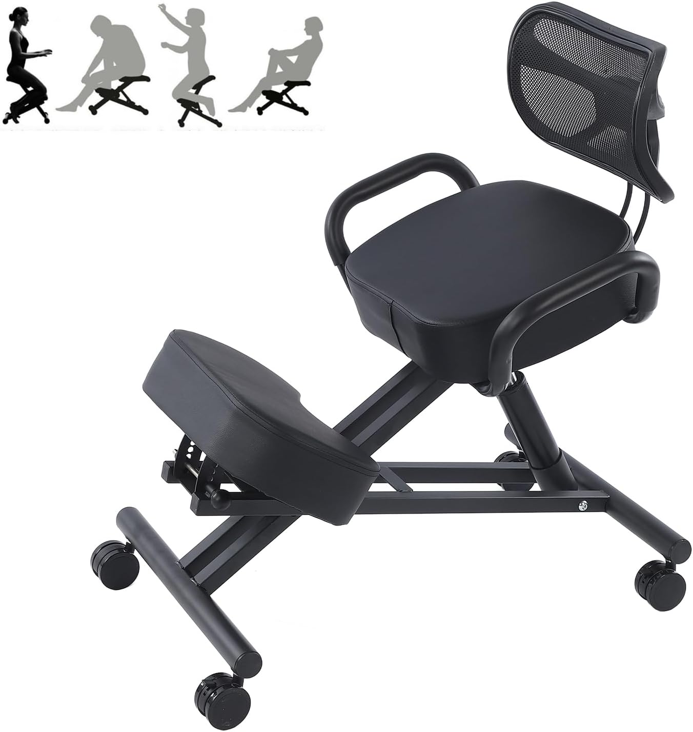 Height Adjustable Ergonomic Kneeling Chair, Breathable Mesh Back Leather Cushion Spine Alignment Multi Angle Adjustment for Home Office Study Working Relaxation Shoulder