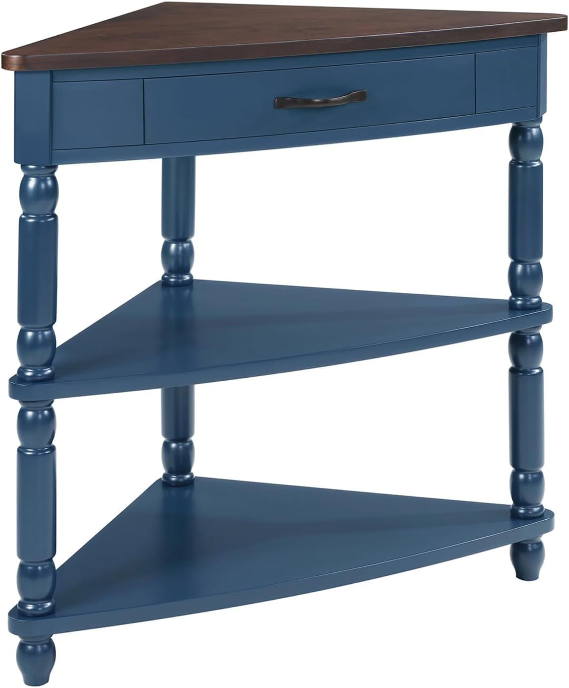 33.8" Small Triangle Corner Table, Wood Corner Side Table for Small Spaces, 3 Tier End Corner Table with Solid Wood Legs, Navy Blue