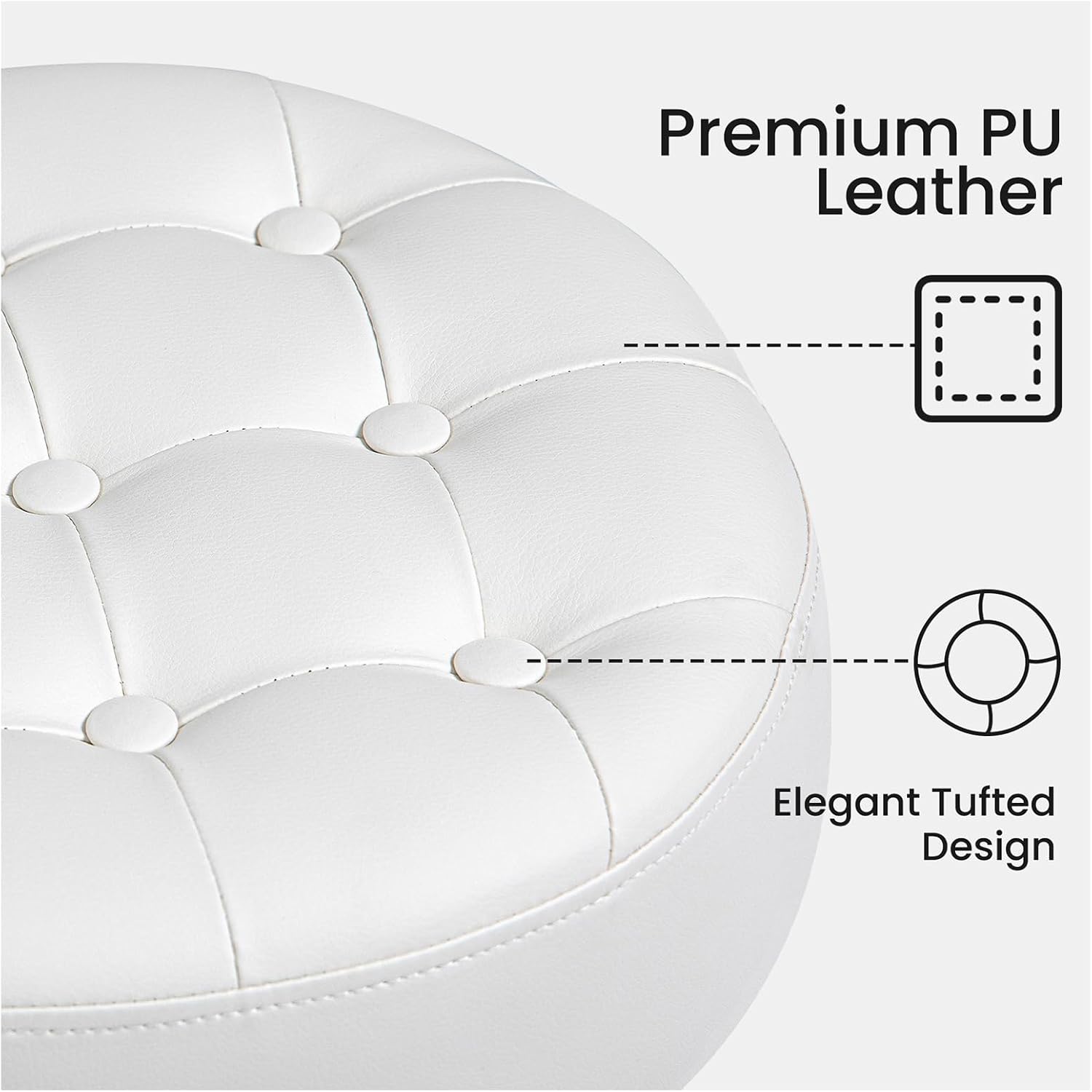 360° Swivel PU Leather Vanity Stool, White Makeup Chair for Bedroom, Large Round Ottoman Stool