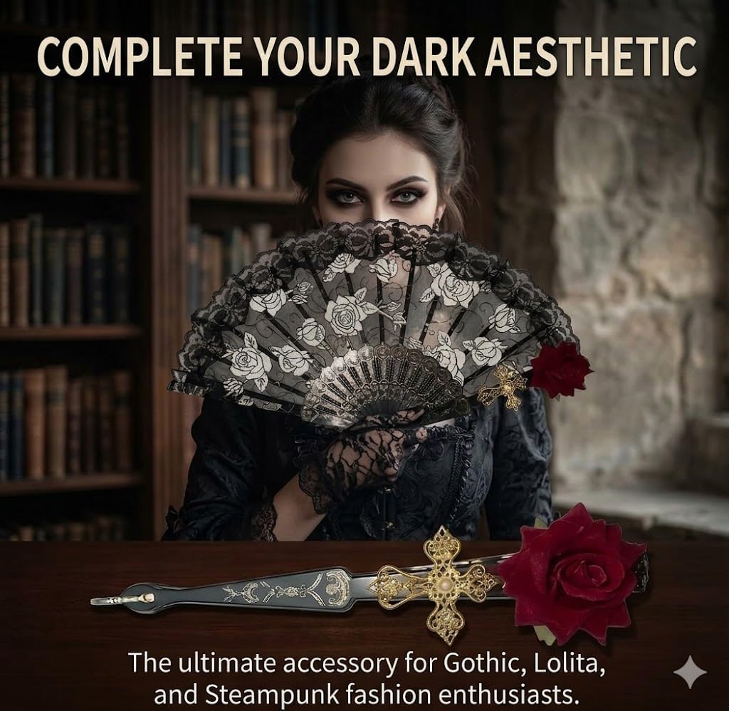 Gothic Lace Folding Hand Fan with Red Rose & Cross, Vintage Black Floral Fan for Lolita, Cosplay, Halloween, and Wedding, Elegant Victorian Style Fan for Women