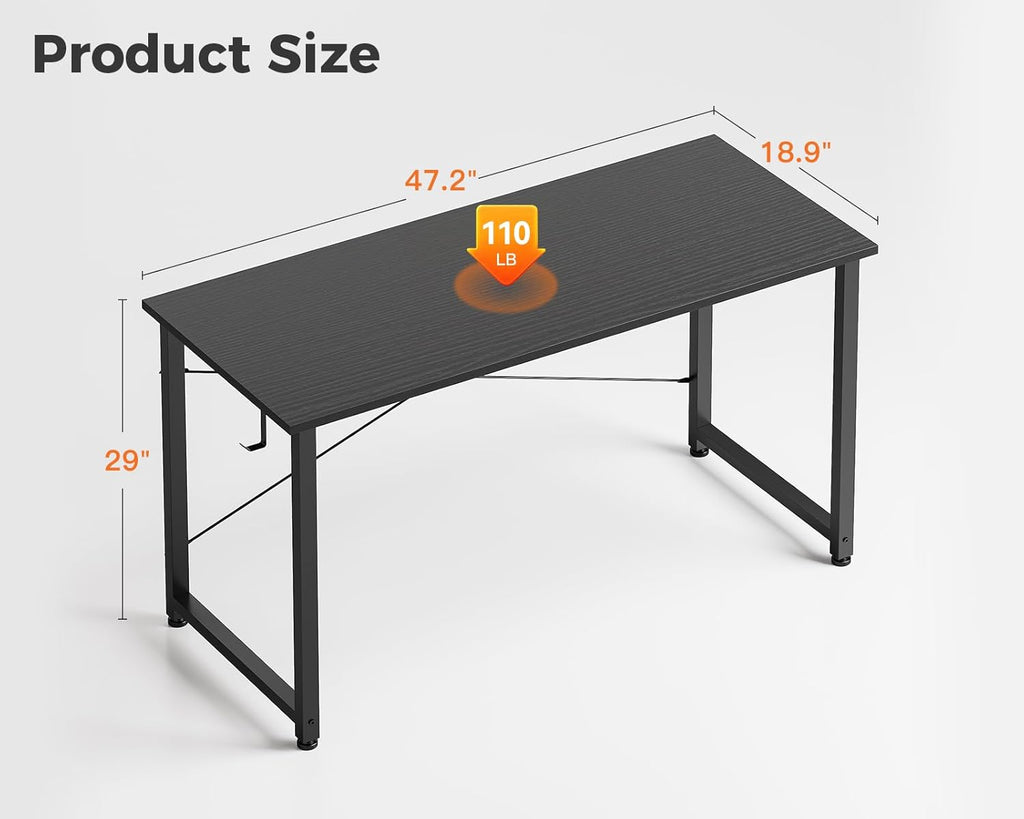 Casaottima 48 Inch Small Computer Desk for Home Office, Study Writing Table for Small Spaces, Simple Modern Desk with Headphone Hooks, Pure Black