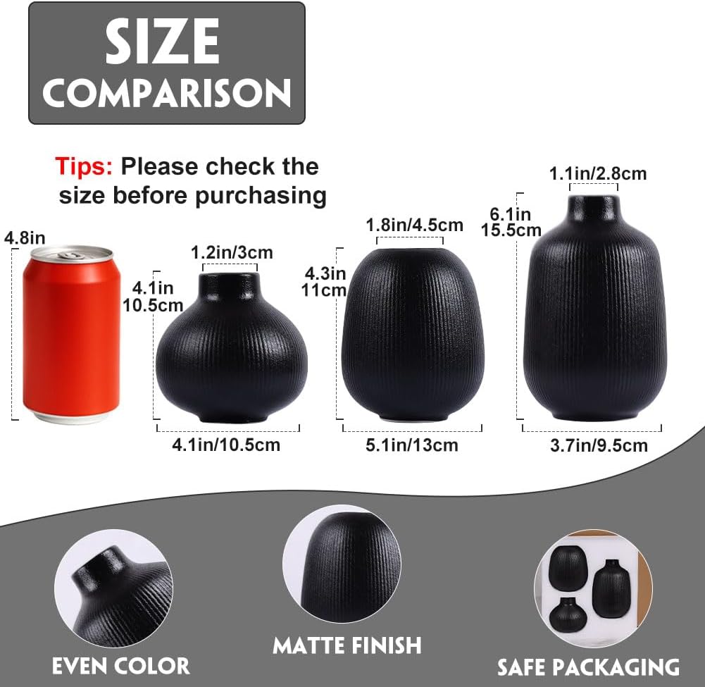 Black Ceramic Vase Set of 3, Minimalist Decor, Home Decorative Vase, Modern Ribbed Vases, Black Vase Set for Kitchen, Bedroom, Office, Living Room, Bathroom, & Shelf Centerpiece Table Decoration