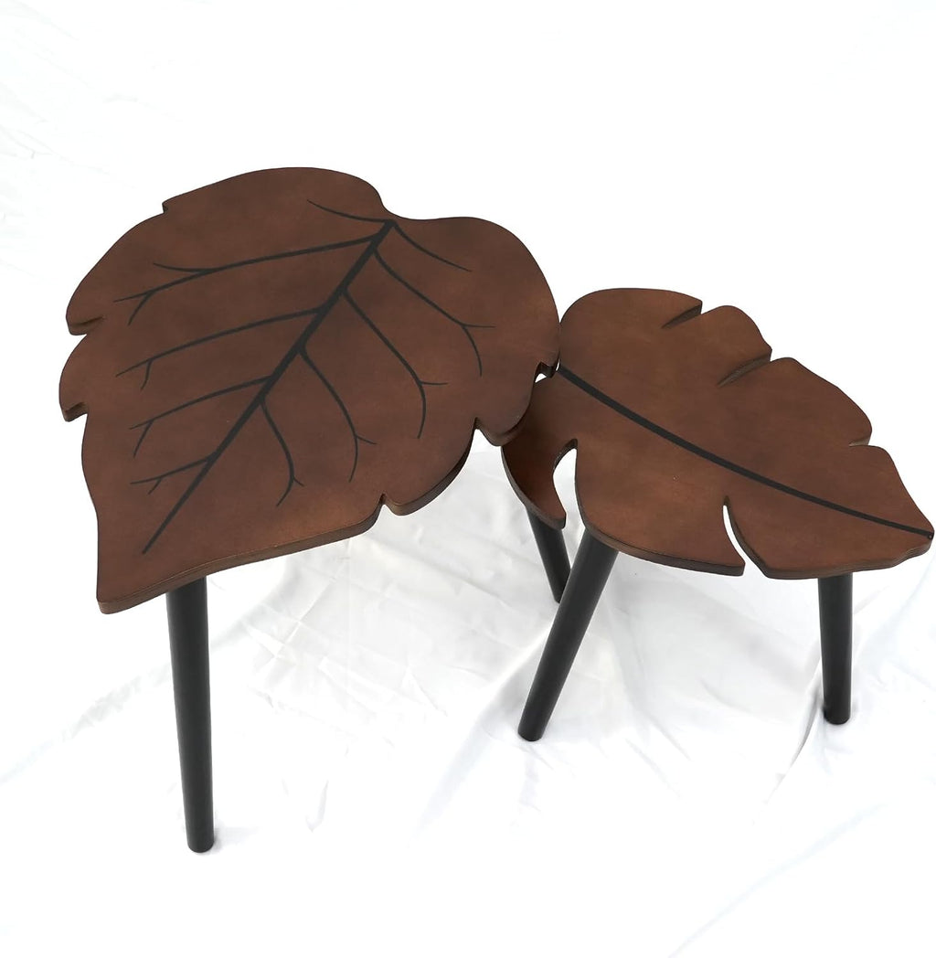 Nesting Coffee Table Set of 2, Monstera Leaf Wooden Side Tableble | Stacking Minimalist End Table for for Living Room Bedroom Apartment Balcony Yard Small Space, Sturdy and Easy Assembly, Brown