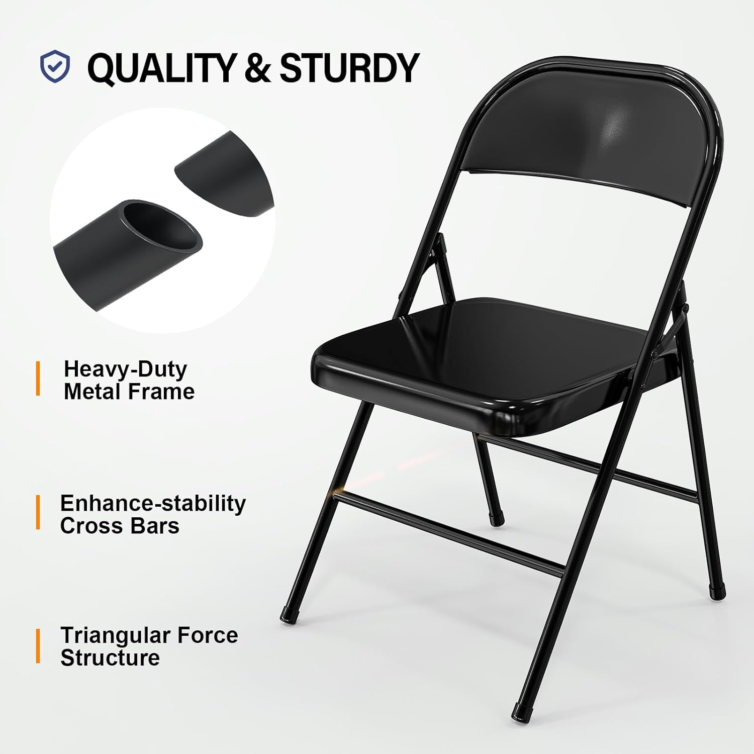 VINGLI Folding Chairs All Steel Metal Frame, Capacity 350 lbs, Durable Portable and Versatile for Indoor Outdoor Use, Black, Set of 4