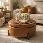 Christopher Knight Home 32" Round Storage Ottoman with Reversible Wooden Lid, Faux Leather Tufted Coffee Table, 2-in-1 Storage Ottoman, Hidden Storage Compartment, Solid Rubber Wood Base, Brown