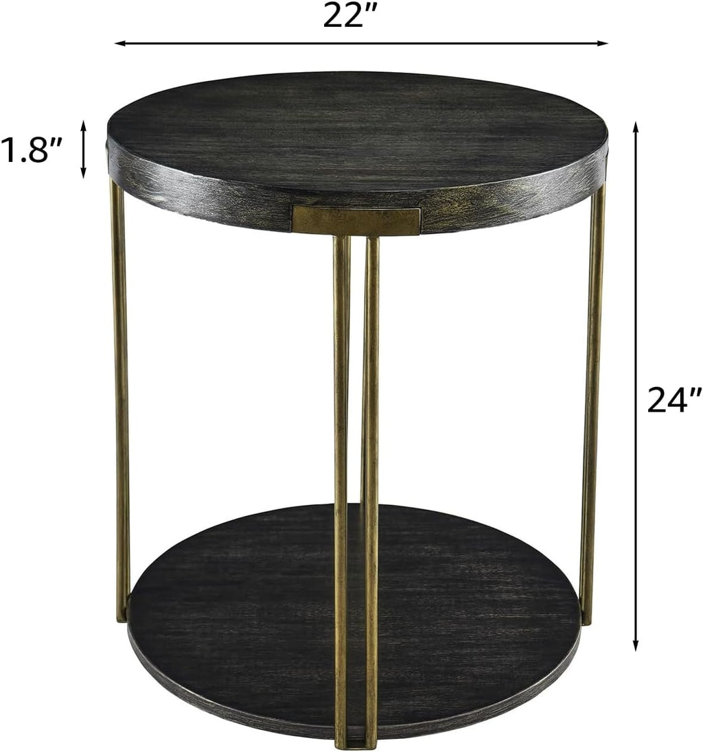 Modern Vintage Round End Table, 22” 2-Tier Sofa Side Table with Black Wood Top and Brass Metal Frame for Living Room, Bedroom