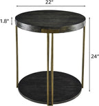 Modern Vintage Round End Table, 22” 2-Tier Sofa Side Table with Black Wood Top and Brass Metal Frame for Living Room, Bedroom
