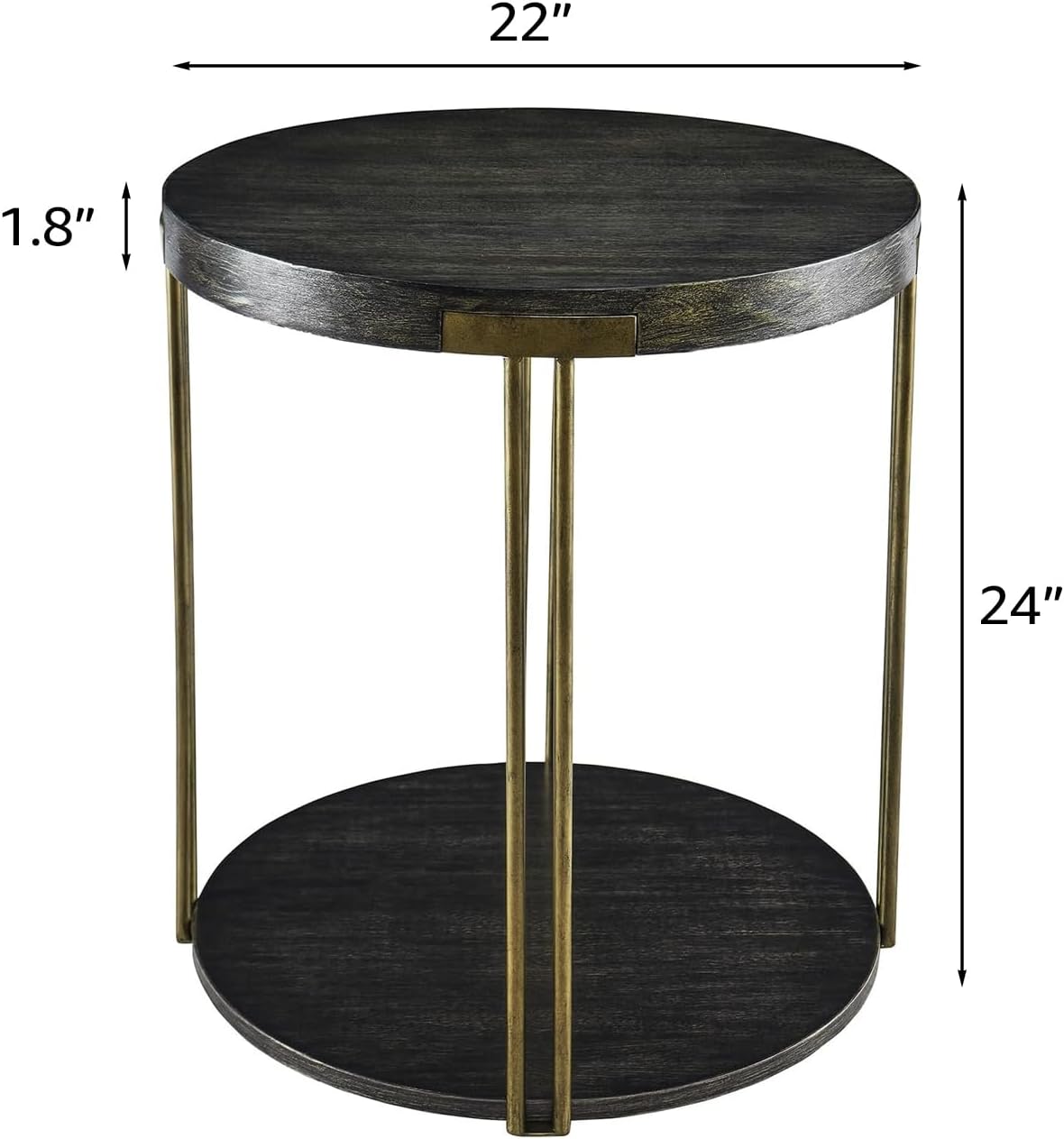 Modern Vintage Round End Table, 22” 2-Tier Sofa Side Table with Black Wood Top and Brass Metal Frame for Living Room, Bedroom