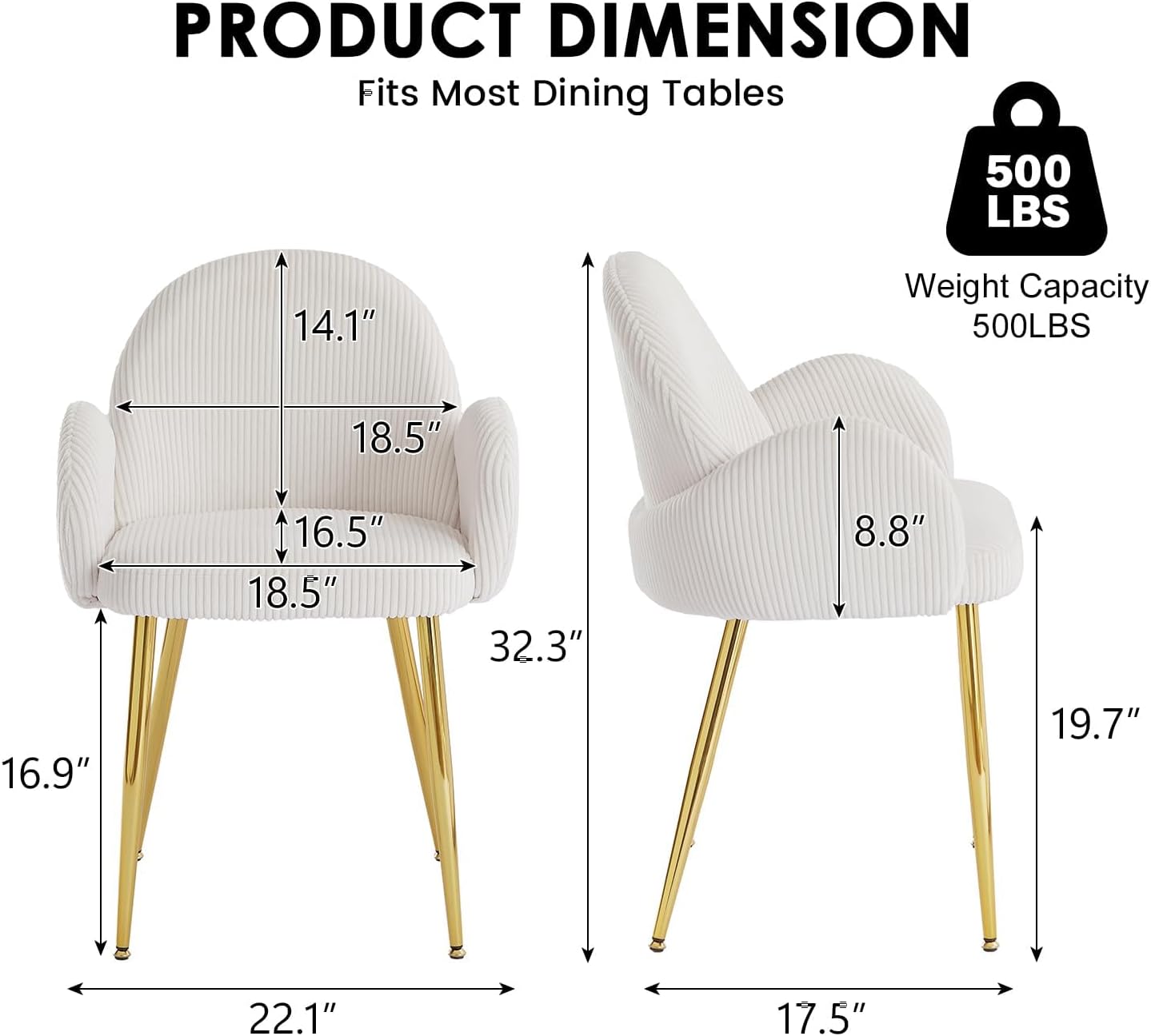 Corduroy Dining Chairs Set of 4, Ergonomic Curved Backrest Armchair with Gold Legs, Elegant Ribbed Upholstery Side Chairs for Glam Living Room & Dining, Cream White