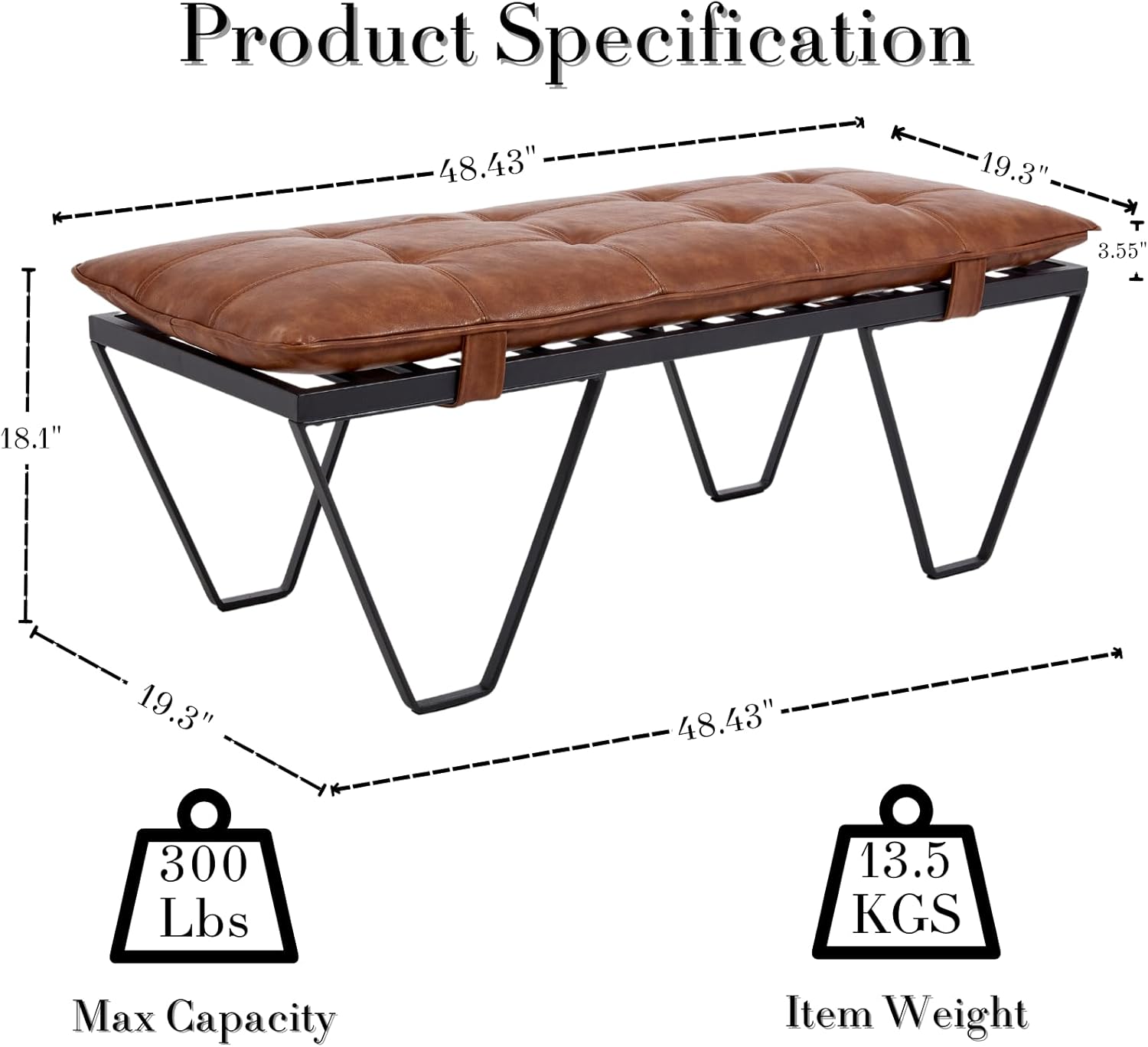 RIVOVA Modern Removable Tufted Upholstered Entryway Bench, 48-Inch Contemporary Indoor Ottoman Bench with Slatted Metal Frame, Brown Leather Bench for Bedroom End of Bed, Dining, Hallway, Living Room